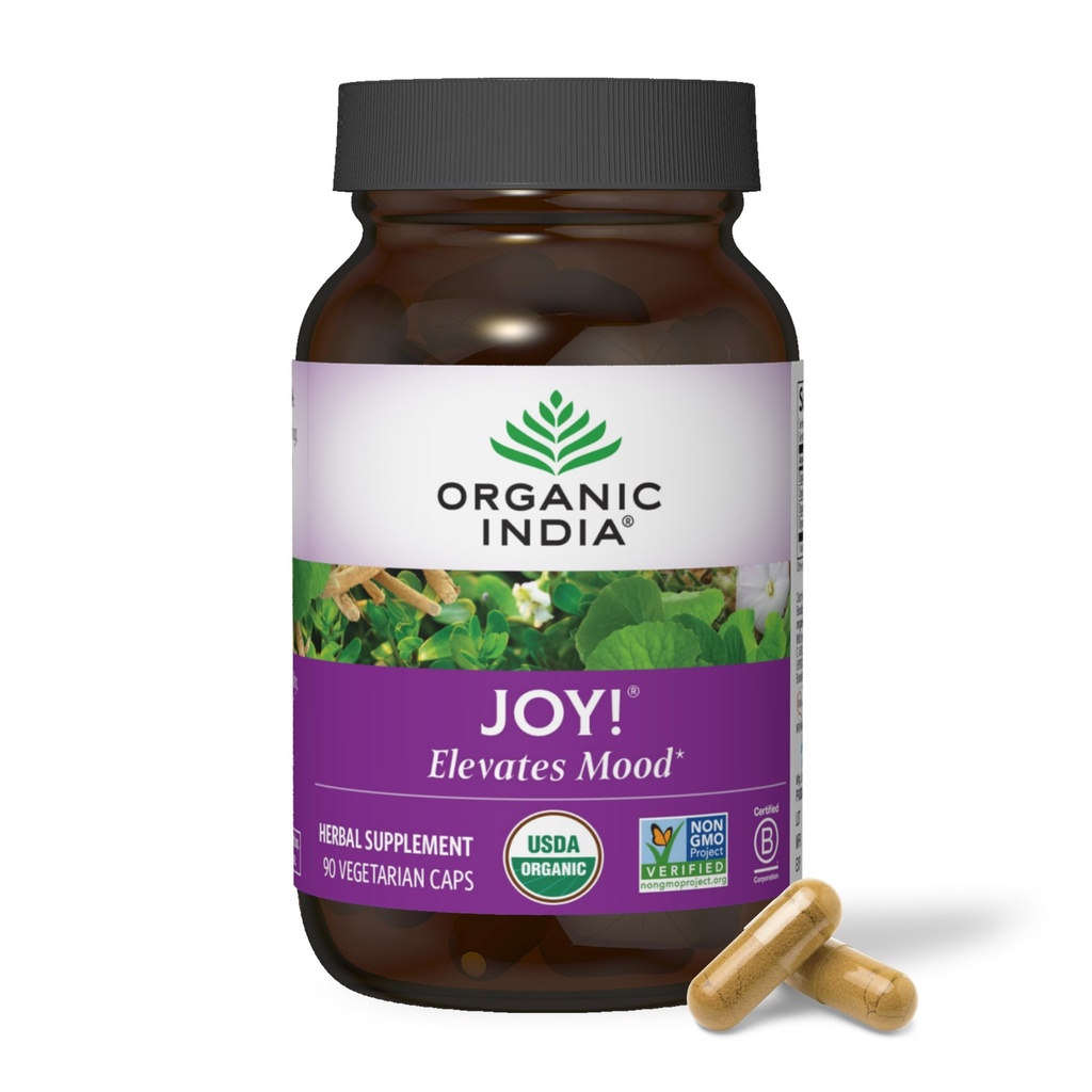ORGANIC INDIA Joy Herbal Supplement - Immune Support, främjar minne och koncentration, Vegan, Gluten-Free, Kosher, USDA Certified Organic, Non-GMO, Calming - 90 kapslar