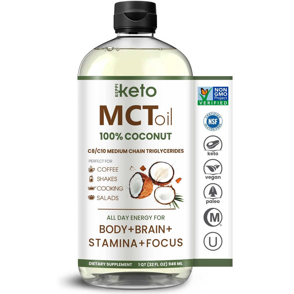 Keppi MCT Olja - Från 100% kokosnötter - smaklös C8 och C10, icke-GMO, Certified Gluten-Free, Palm Oil Free, Vegan, Kosher, Halal, 32 oz Coconut Oil