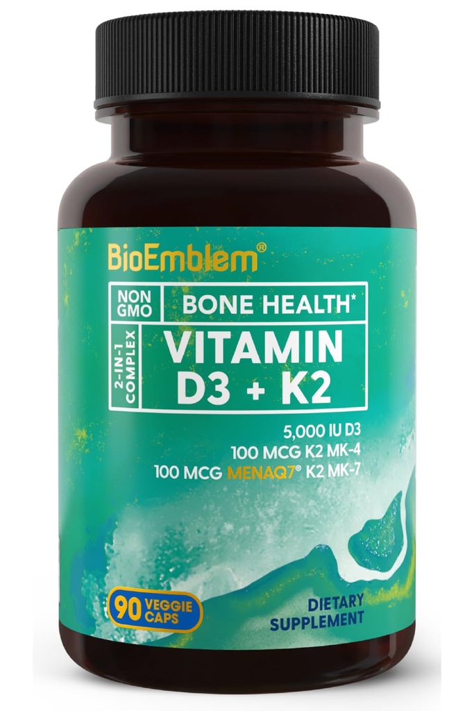 BioEmblem Vitamin D3 K2 Capsules (5000IU och 200mcg) - Patented MK7 och MK4 för 3-i-1 Komplex Support - Vegetarisk vitamin D K2 Supplement för tänder, hjärta, immunsystem - Non-GMO, 90 Caps