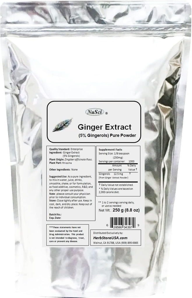 Ginger Root Extract 250g (8,8 oz) Pulver Standardiserad 5% Gingerols, Stöd Digestive System