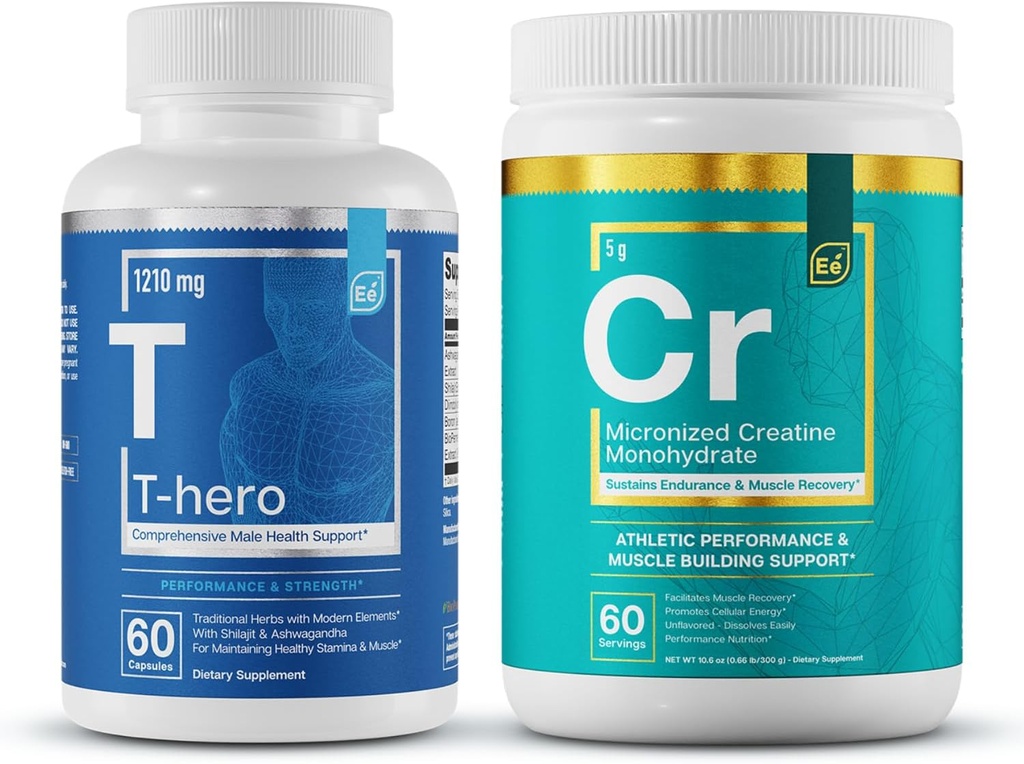 Essentiella element T-Hero + Micronized Kreatinmonohydrat | Manlig hälsotillskott - Muskelstöd & T-hälsa