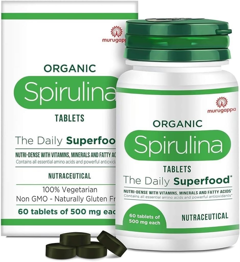 DURJA Organic Spirulina tabletter - De flesta Bio-Available Protein & Nutri-Dense Superfood | Immunity and Health Supplement | Metabolism Booster | 100% Vegan | 60 tabletter (500mg Varje)
