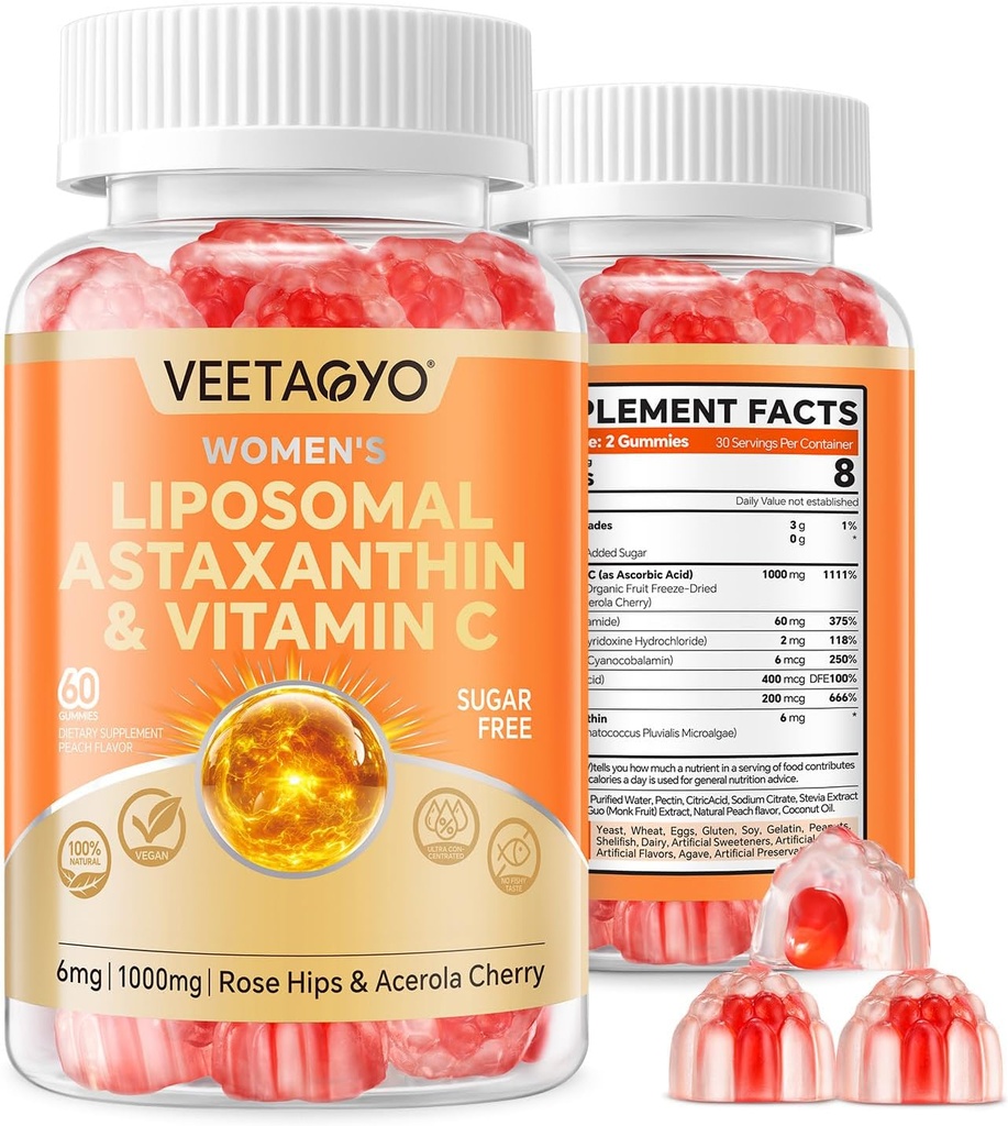 Astaxanthin Supplements 6mg + Liposomal Vitamin C 1000mg - Dual Layer - Niacin B6,B12,Folate,Biotin - Antioxidanter - Gelatin Free,Sugar Free,60Cts