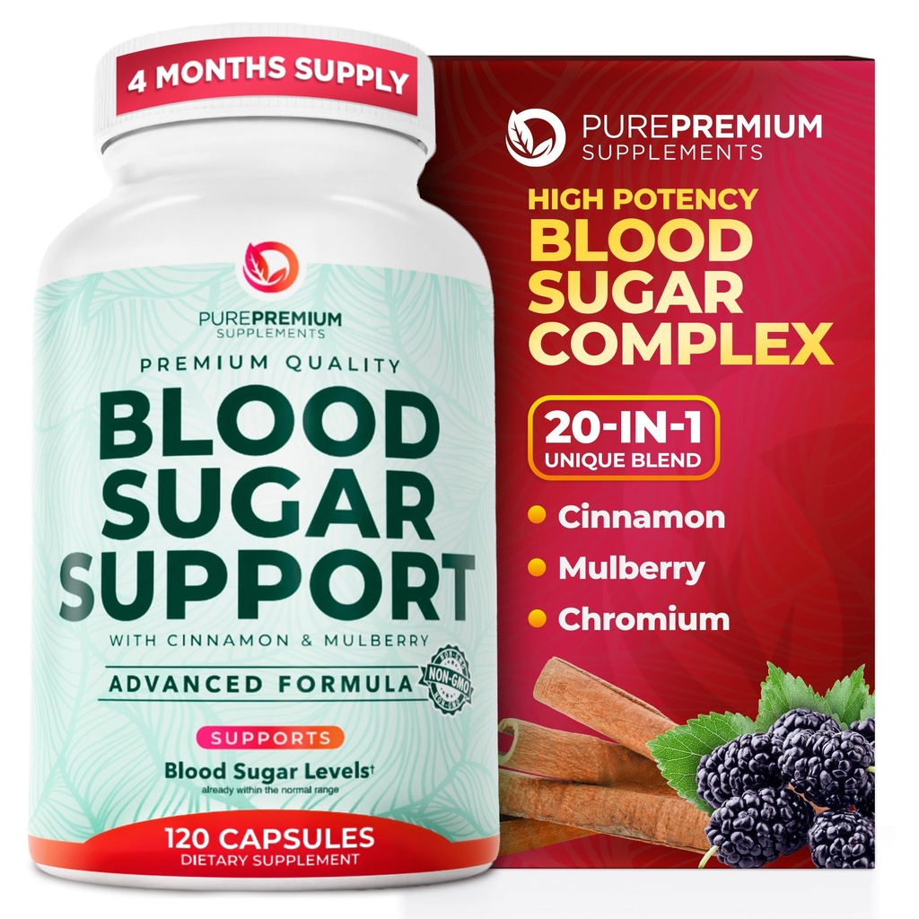 PurePremium Normal Blood Sugar Support Supplement - 20 aktiva ingredienser Komplex för att stödja blodsockernivåer Redan i Normal Range - med Cinnamon, Bitter Melon, Chromium, Mulberry - 120ct