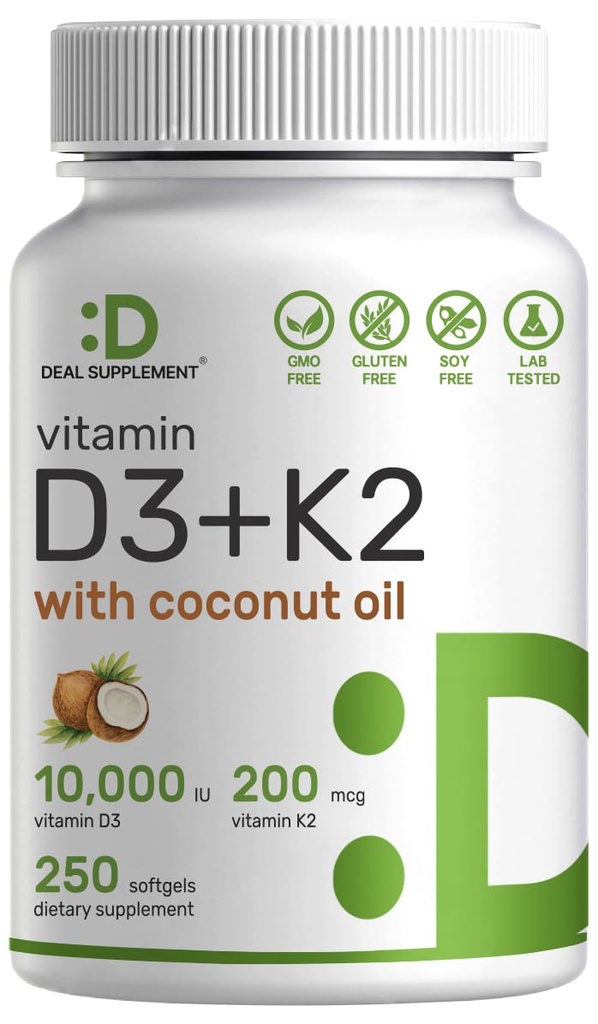 DEAL SUPPLEMENT Vitamin D3 10.000 IE + K2 MK7 200mcg Softgels, 250 greve | 2-i-1 Komplex med Virgin Coconut Oil | Lätt att Svälja