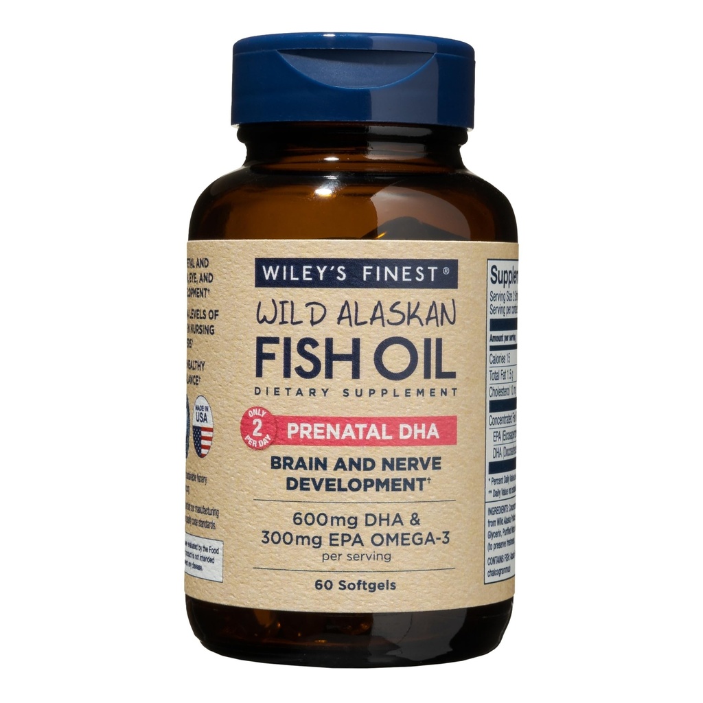 Wiley's Finest Wild Alaskan Fish Oil Prenatal DHA - 900mg EPA och DHA Omega-3s för gravida kvinnor och omvårdnadsmödrar - 60 Softgels (30 Prenatal Vitamin Servings)