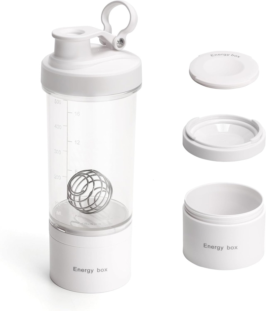Blender Protein Shaker Tritan Bottle med Pill/Powder Storage Container för Protein Shakes-pre träning flask-Mixer Cup-Gym Sport Water Bottle med Wire Whisk Balls White