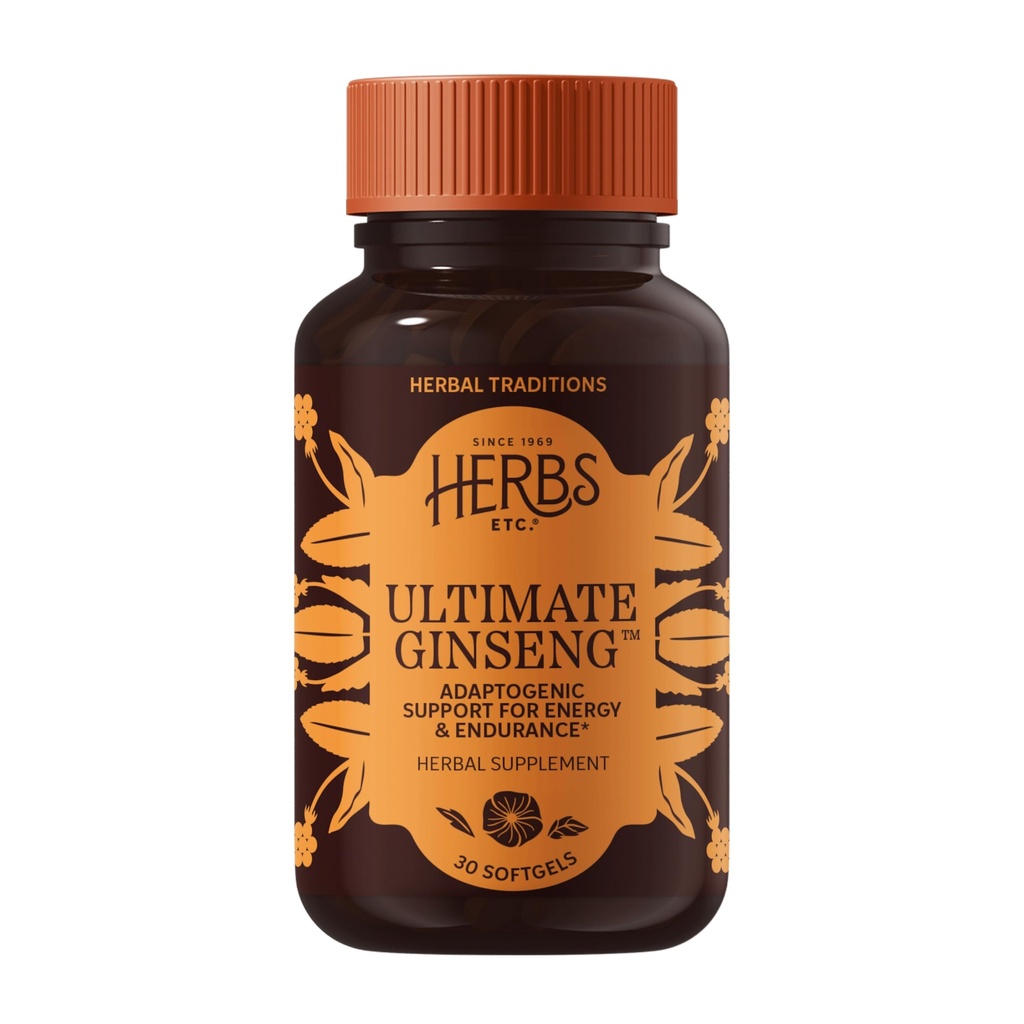 Herbs Etc. Ultimate Ginseng Softgels - Stöd kontinuerlig fysisk aktivitet - hjälper hjärnhälsa - Stöder dagliga uthållighet för fysisk och intellektuell aktivitet - Glutenfri - 30 Softgels (30 portioner)