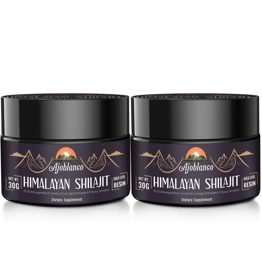 Ajoblanco 600mg naturlig Himalayan Organic Shilajit Resin - Himalayan Gold Shilajit harts med organisk ayurvedisk blandning i hög styrka för energi, styrka och immunitet, paket med 2