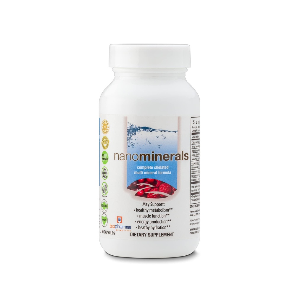 Biopharma Scientific NanoMinerals | Komplett chelated Multi-Mineral Capsules | Calcium, Magnesium, Zink, järn, kalium, koppar, krom och mer | 30 portioner
