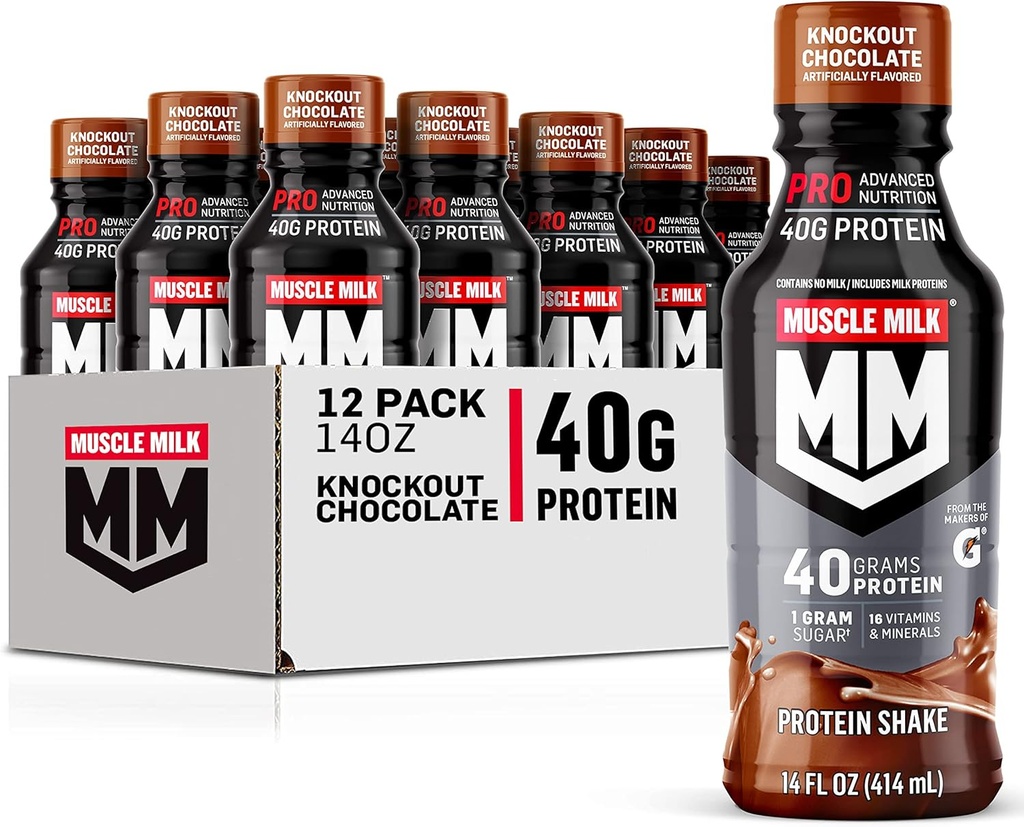 Muscle Milk Pro Advanced Nutrition Protein Shake, Knockout Chocolate, 14 Fl Oz Bottle, 12 Pack, 40g Protein, 1g Sugar, 16 Vitaminer & Minerals, 6g Fiber, Workout Recovery, Packaging May Vary