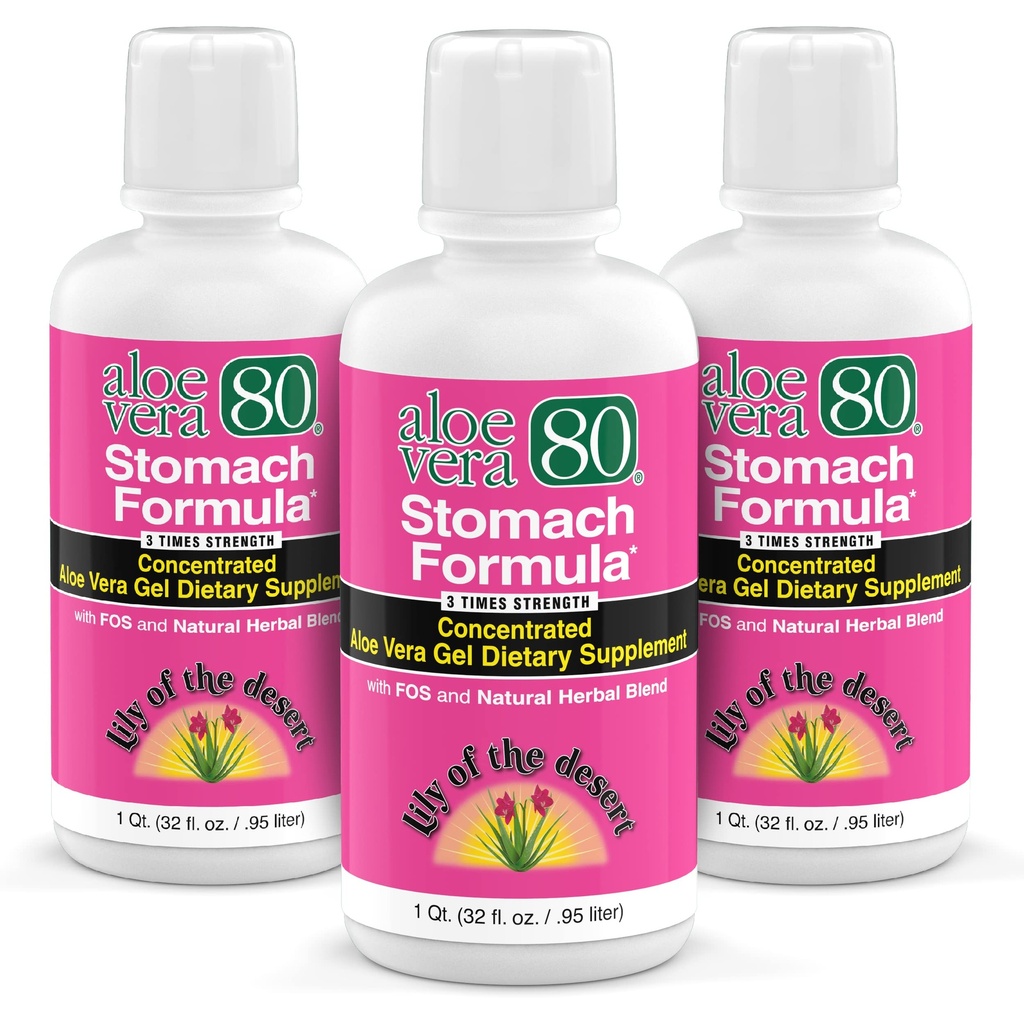 Lily Of The Desert Stomach Formel, Aloe Vera 80 Gel - Koncentrerad Aloe Vera Juice med Slippery Elm, Chamomile, Peppermint och Ginger för Gut Health, Heartburn, Acid Reflux, 32 Oz (Pack av 3)