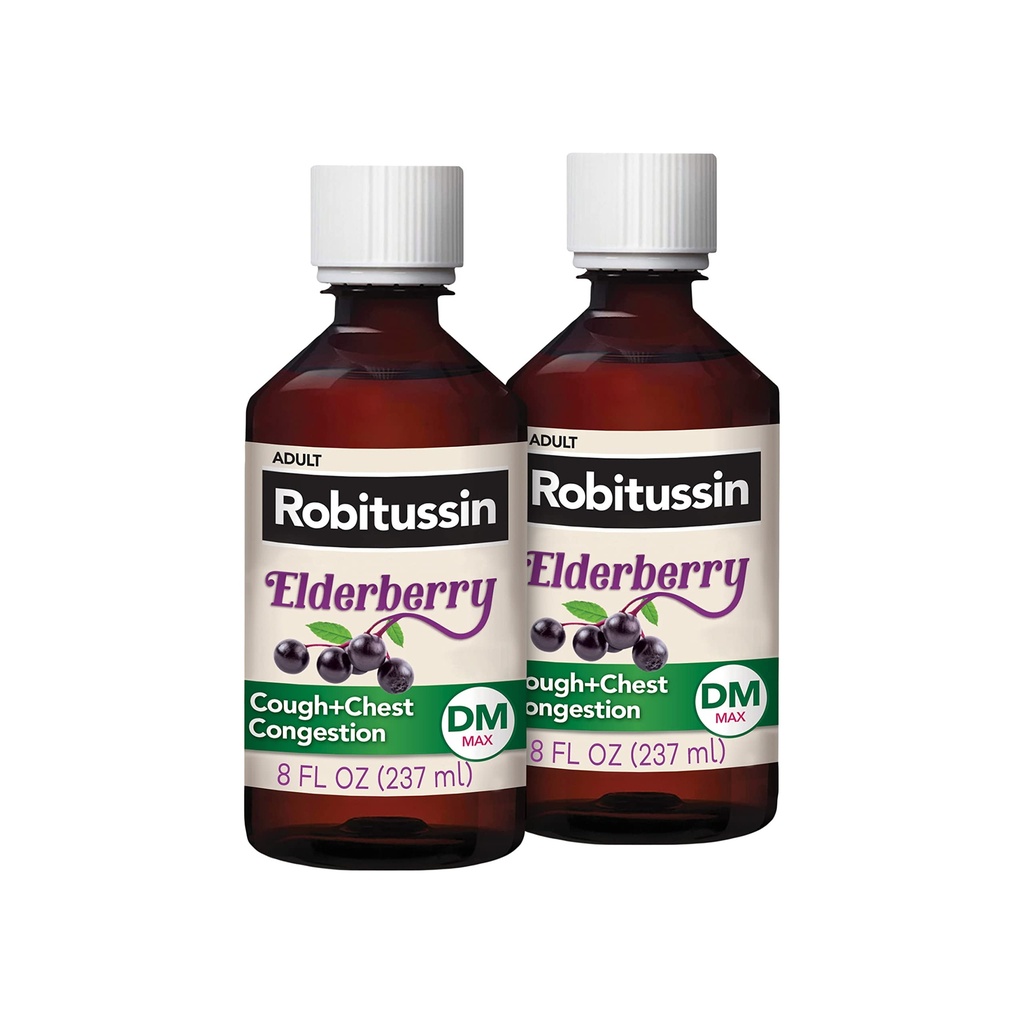 Robitussin Maximal Strength Elderberry Cough Plus Chest Congestion DM, Cough Suppressant för vuxna, vilket ger Non Drowsy Liquid Cough och Chest Congestion Relief - 2x8 Fl Oz