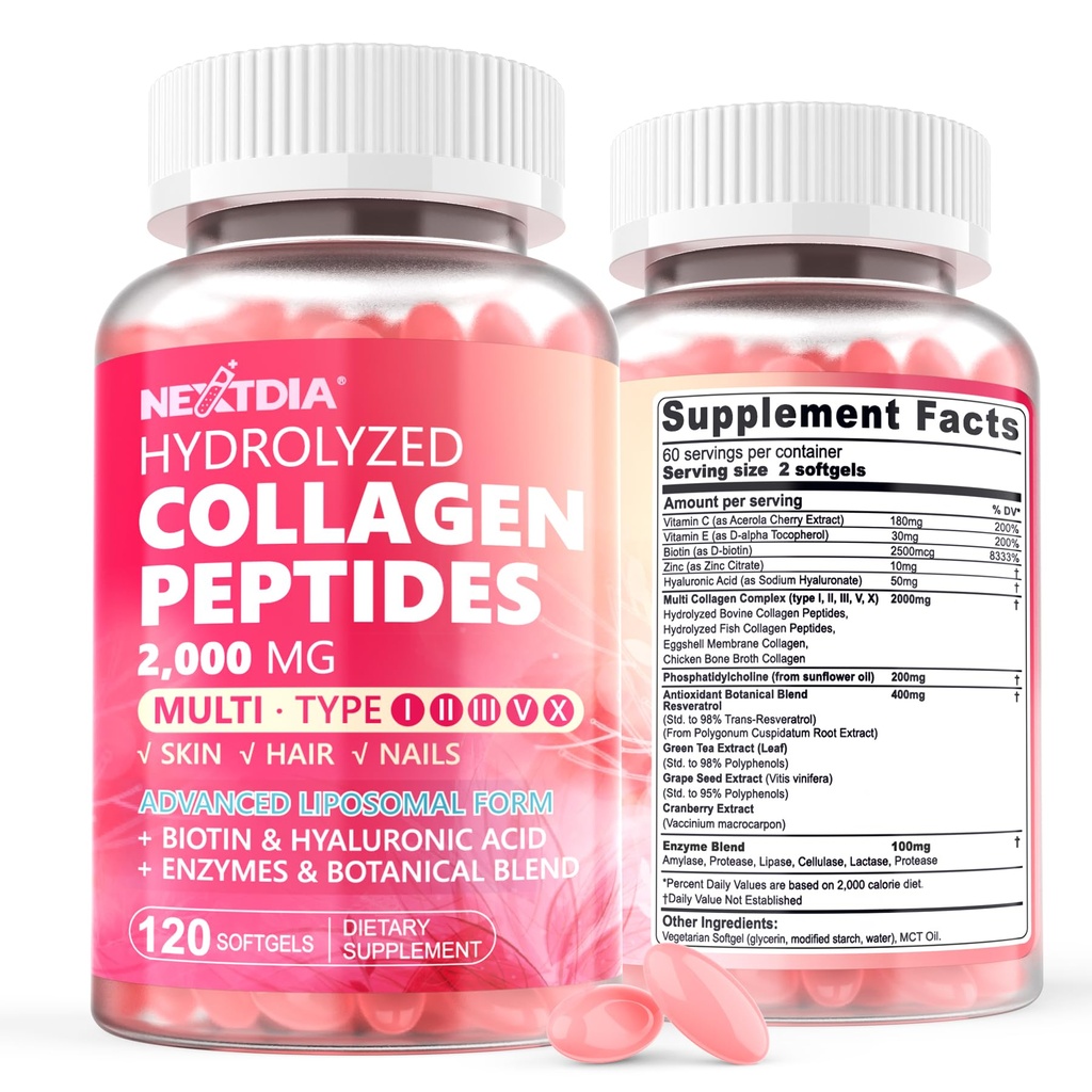 2 Pack Liposomal Collagen Peptides Pills för kvinnor 2000mg, Multi Hydrolyzed Collagen Typ I, II, III, V, X med 2500mcg Biotin - Kollagen Supplements Softgels med hår, hud och naglar Vitaminer, 240 Cts
