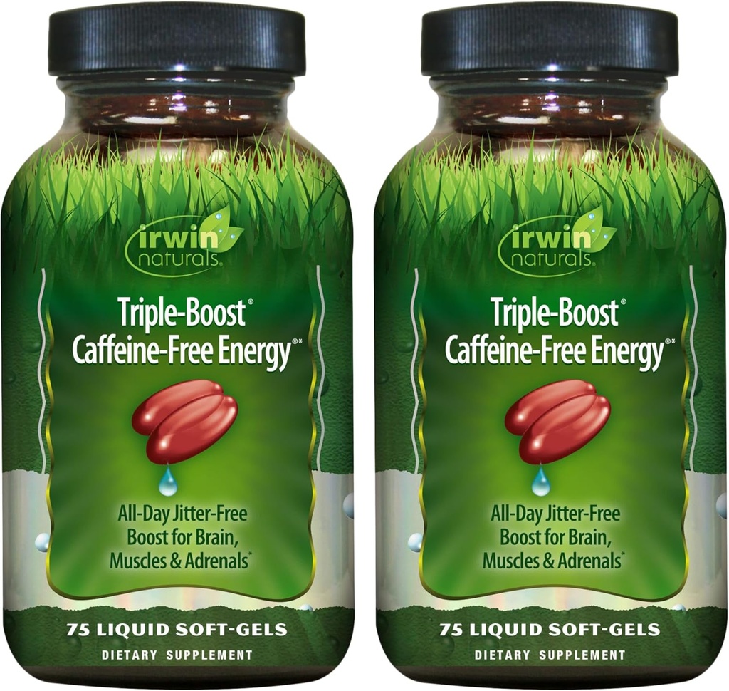Irwin Naturals Triple-Boost Caffeine-Free Energy - 75 flytande mjuk-Gels - Adaptogenic Daily Energy Support - 2 Pack