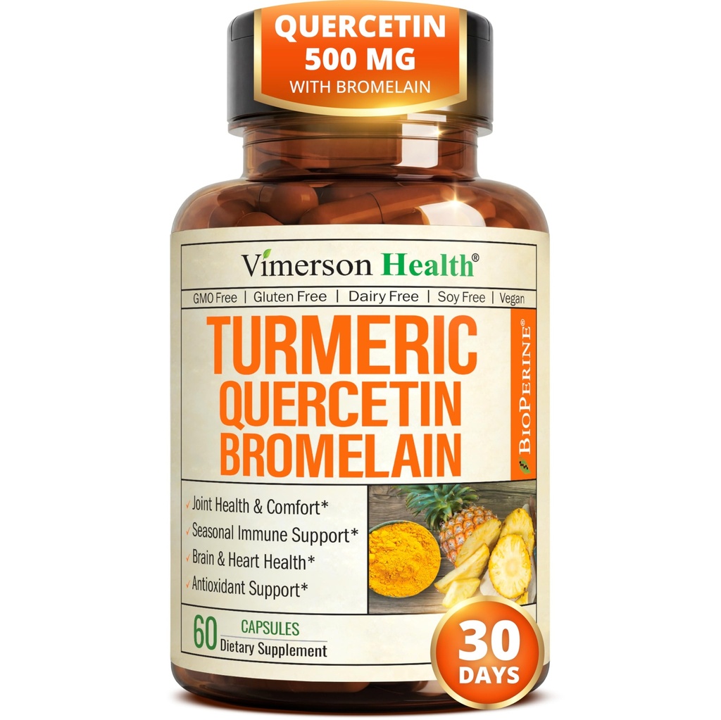 Quercetin med Bromelain Turmeric Curcumin Supplement - Allergy Relief, Joint & Immune Support - Organic Turmeric Supplement med Black Pepper (Bioperine) - 60 Quercetin 500mg kapslar