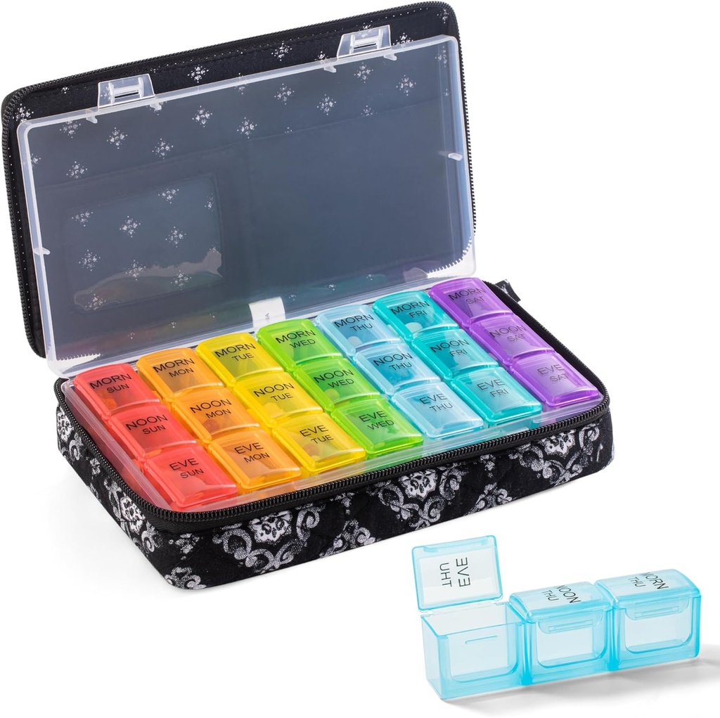 Veckovis Pill Organizer 3 gånger om dagen - Pill Box 7 Dag 3 Gånger om dagen med söt Quilted Fabric Zipper Bag- Travel Pill Case 7 Dag 3 Gång Dag För Vitamin Medicine Organizer
