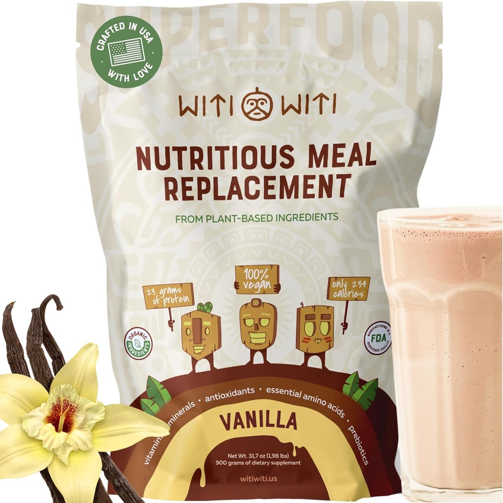 WitiWiti Vegan Meal Replacement, Vanilla - Plant Based Protein Powder 23g - Superfood, Greens, Prebiotics, Vitamins and Minerals - Dairy&Gluten Free - All in One Shake for Women & Men, 15 Svgs