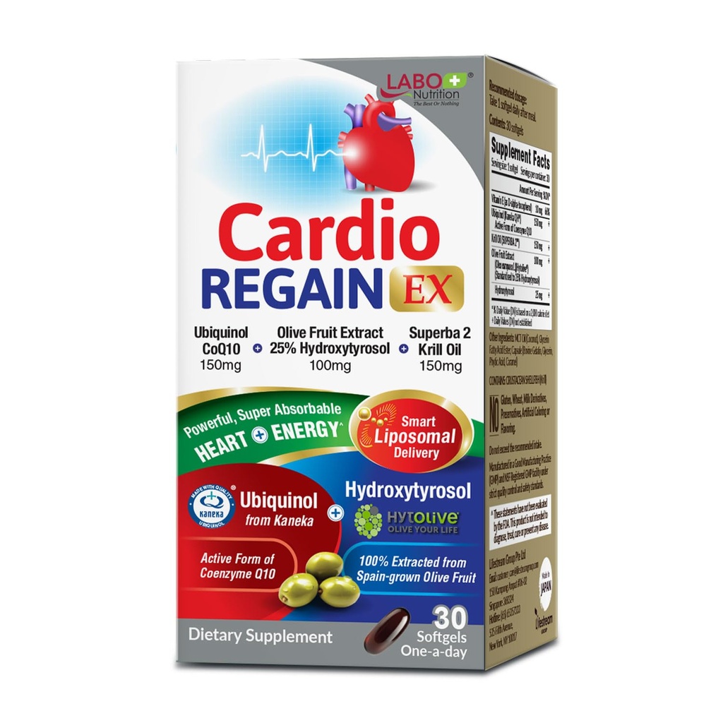 LABO Nutrition CardioREGAIN EX - Ubiquinol CoQ10 Supplement med Kaneka QH 150mg, Oliv frukt extrakt (25% Hydroxytyrosol), Krill Oil - Hjärta, Cellular Energy, Liposomal Absorption, Non-GMO, Soy-Free