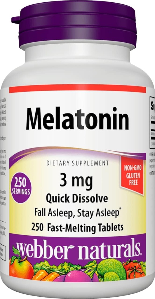 Webber Naturals Melatonin 3 mg, Easy Dissolve, 250 tabletter, 100% Drug Free Sleep Aid för vuxna, Gluten Free, Non-GMO, Lämplig för vegetarianer