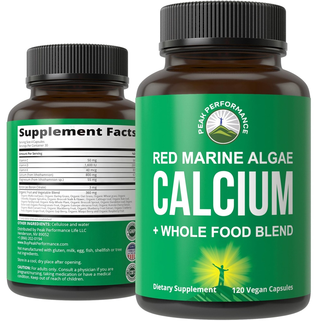 Plant Based Calcium - Red Marine Algae Calcium Supplement med vitamin C, D3, K, Magnesium och Whole Food Vegetable Blend. Vegan kapslar för ben och gemensamma. 120 piller, tabletter