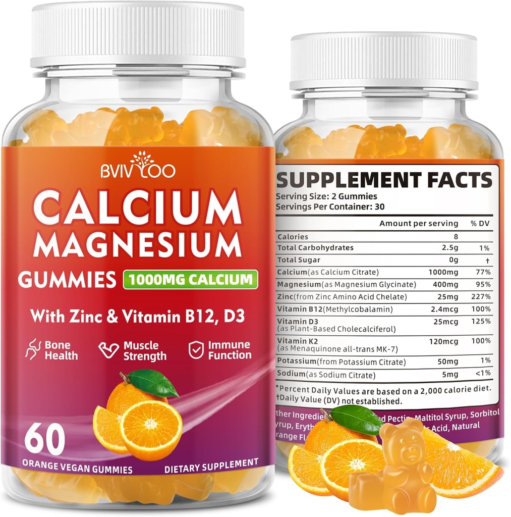 Calcium Gummies 1000mg med vitamin D3 K2 & B Complex, kalium, kalcium Magnesium Zink Gummies för ben, muskel, humör och immunitet - Orange Flavor 60 Gummies