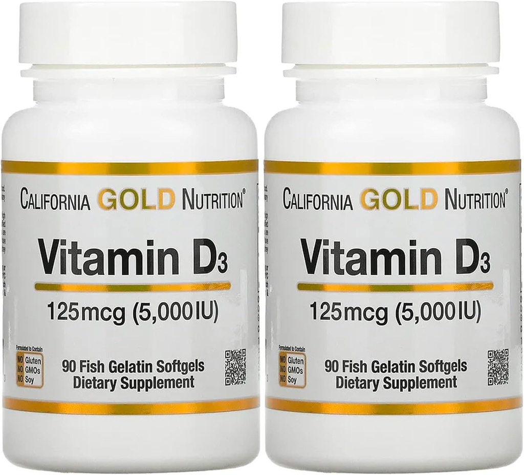 Vitamin D3 Supplement by California Gold Nutrition - Stöd för friska ben & tänder - Immunsystem Support - Gluten Free, Non-GMO - 125 mcg (5,000 IE) - 2 Pack med 90 Fish Gelatin Softgels
