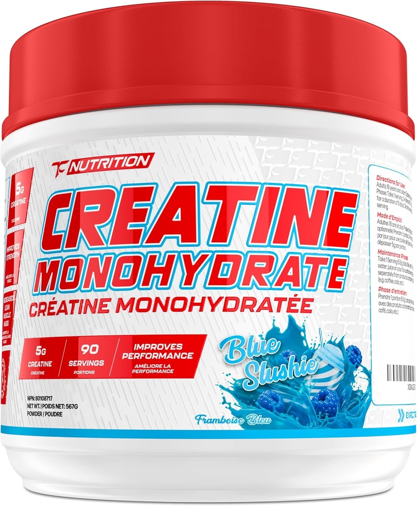 TC Nutrition Creatine Monohydrate Powder 5g - Ren Kreatinpulver för ökad styrka, muskeltillväxt, förbättrad uthållighet och prestanda (90 portioner - Blå Slushie, 90 portioner - Blå Slushie)
