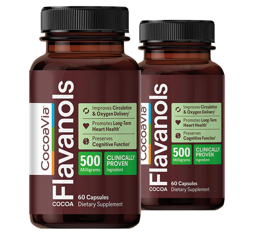 CocoaVia Cardio Health Supplement, 60 Day, 500mg Cocoa Flavanols, Support Heart Health, öka kväveoxid, blodcirkulation, energi, Vegan, mörk choklad, 120 kapslar