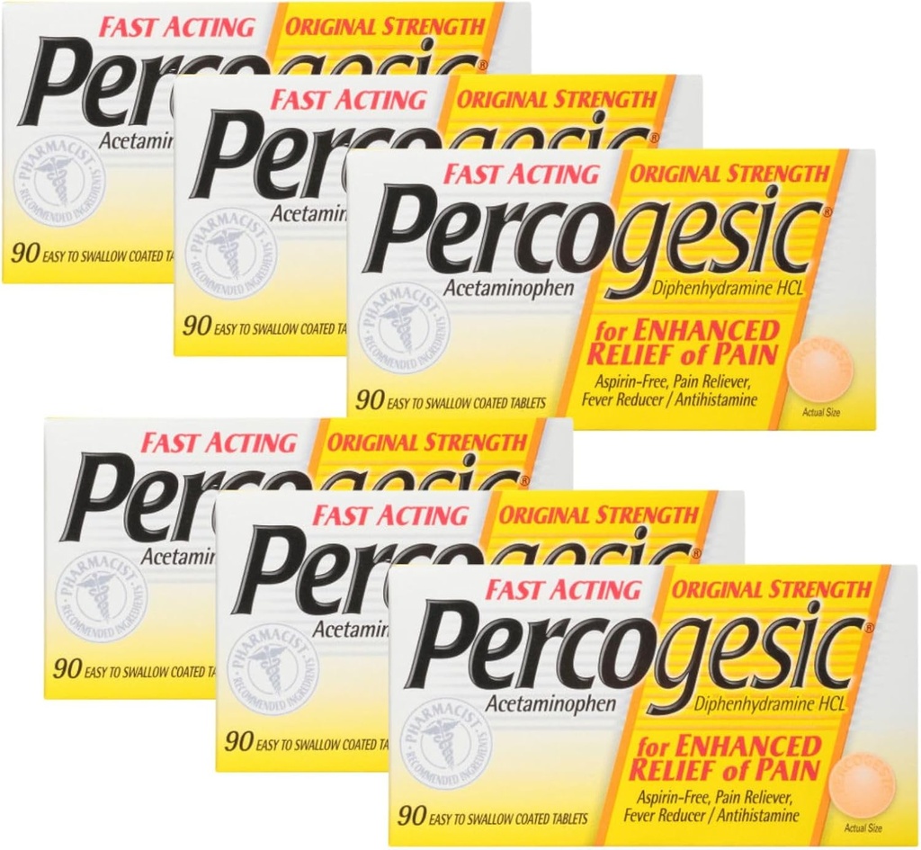 Percogesic Aspirin Free Pain Relief Tablets, Original Strength, Acetaminophen och Diphenhydramine, 90 ct (Pack of 6)