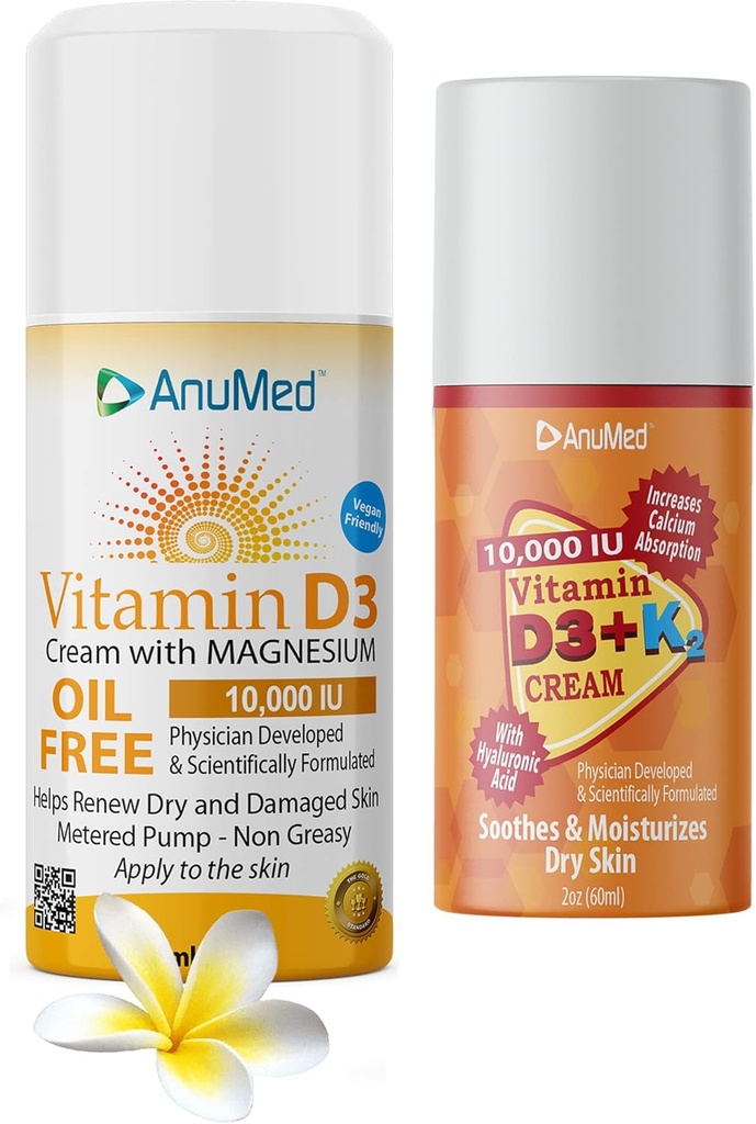 ANUMED Bundle Natural Cream med Vitamin (D3 10.000 IE Oil-Free) + (D3 med K2 10.000 IE Travel Size 2oz) Kraftfulla ingredienser med Hyaluronic Acid, Magnesium, Vitamin E, Zink, Vitamin B3. Non-GMO
