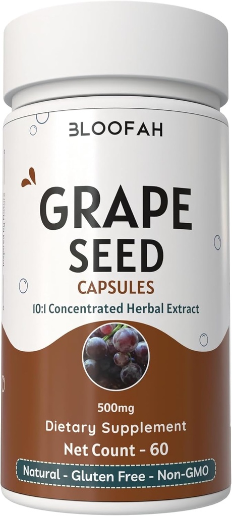 Grape Seed Capsules 500mg | 10:1 Koncentrerad extrakt | Naturligt växtbaserade tillskott | Non-GMO, Gluten-Free | Grape Seed Powder för dagligt välbefinnande (60 greve av 1)