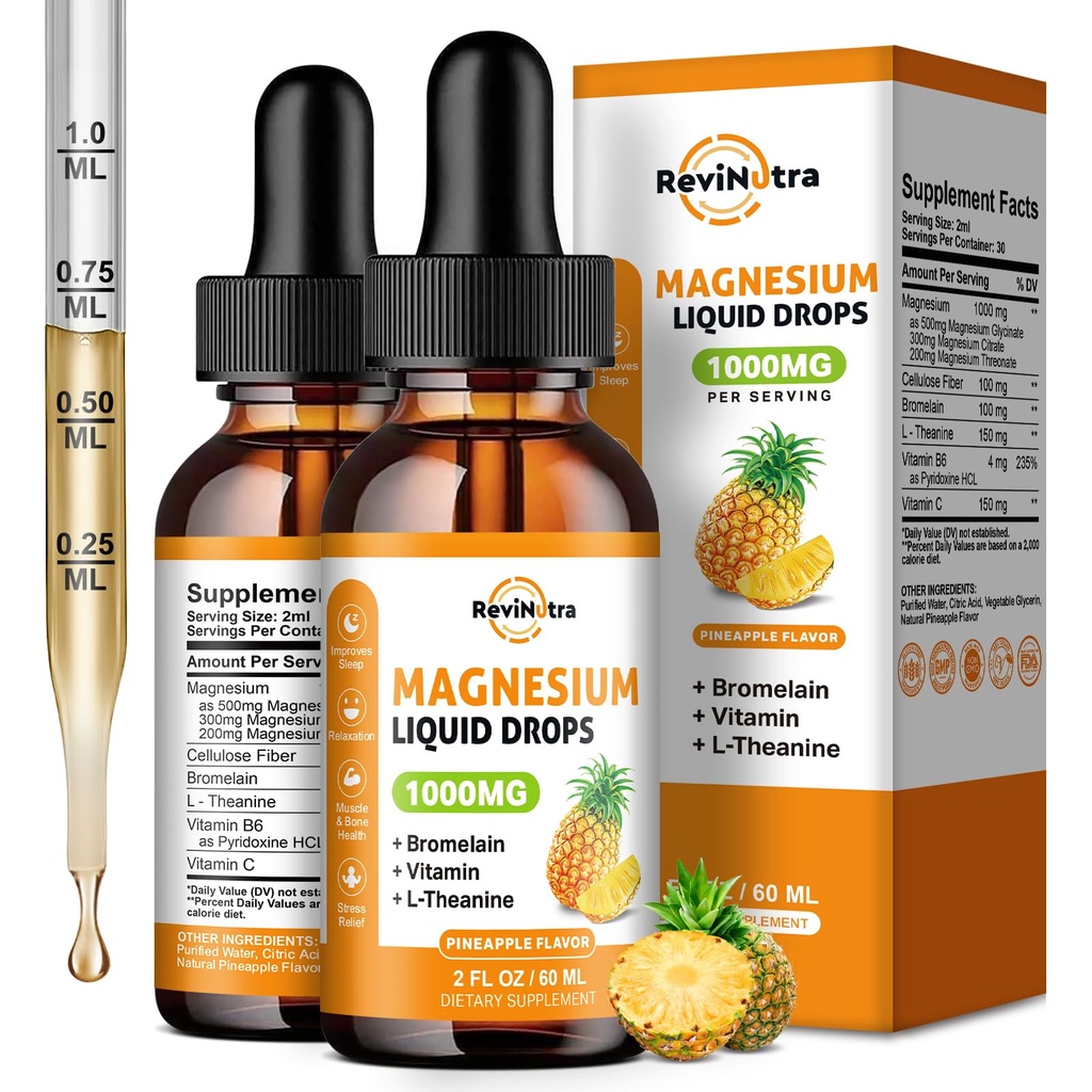 2 Pack Magnesium Glycinate Liquid Drops, 1000mg Liquid Magnesium Complex Drops för sömn, Nerve, Energy, Muscle, Bone, Calm & Digestion, High Absorption, 2 Fl Oz, Pineapple Flavor