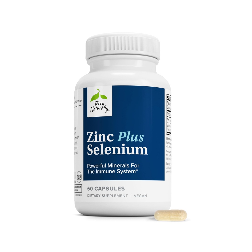 Terry Naturally Zinc Plus Selen - Immune & Respiratory Health Supplement - Mineral Supplement med Zinc Bisglycinate Chelate - Formel med Selenium för cellulärt hälsostöd - 60 kapslar