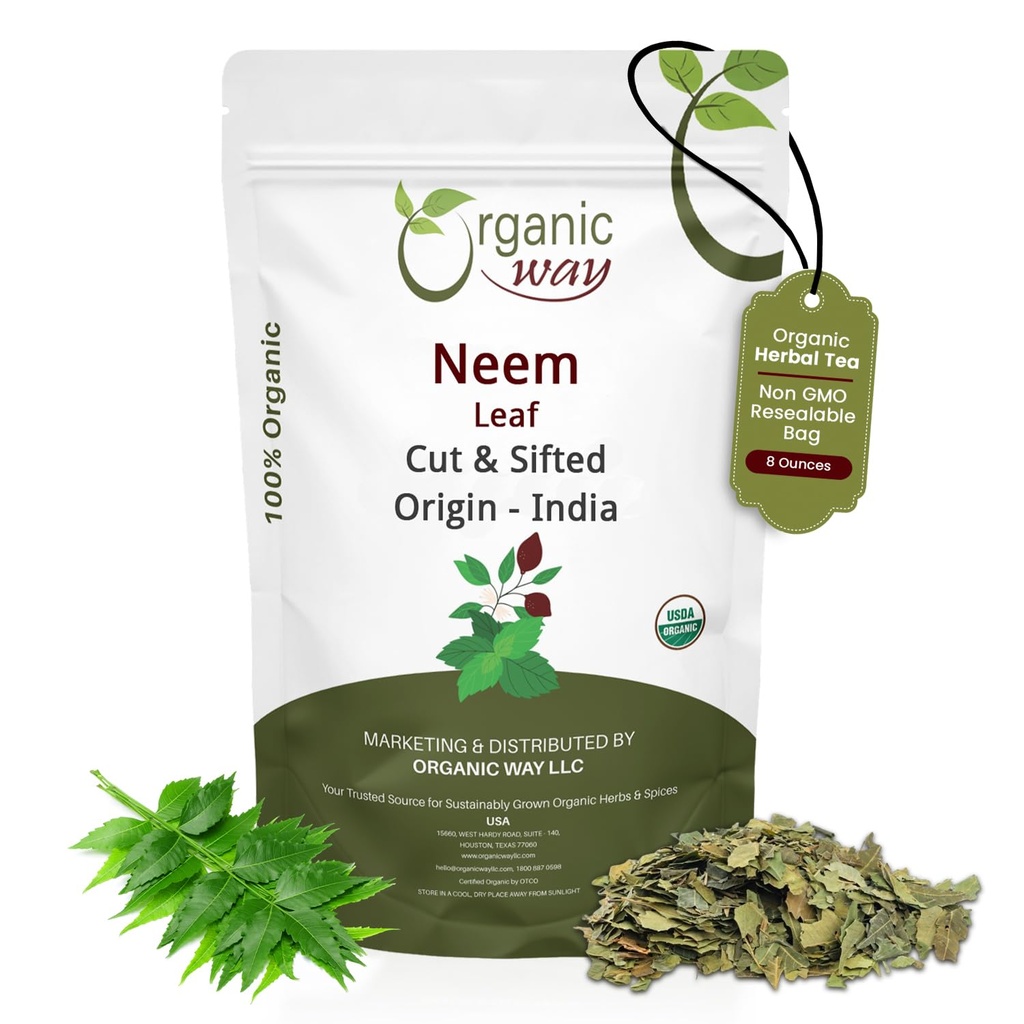Organiskt sätt Neem Leaf Cut och siktade | Herbal Tea | Premium Neem Leaf | USDA Certified | Non GMO & Gluten Free | Origin - Indien (8 oz - 1/2 lbs)