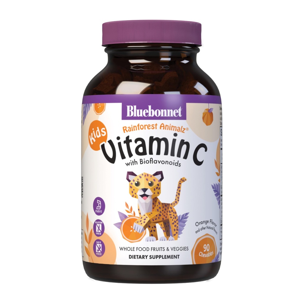 Bluebonnet Nutrition Rainforest Animalz Vitamin C Animal Shape Chewable Tablets, 250mg of Vitamin C, Soy-Free, Gluten-Free, Kosher Certified, Dairy-Free, Vegan, 90 Tablets, 45 Servings, Orange Flavor