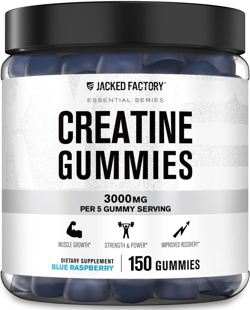Jacked Factory Creatine Monohydrate Gummies (3g) - Kreatin för muskeltillväxt, styrka, förbättrad energi och förbättrad atletisk prestanda - 150 Gummies, blå hallon