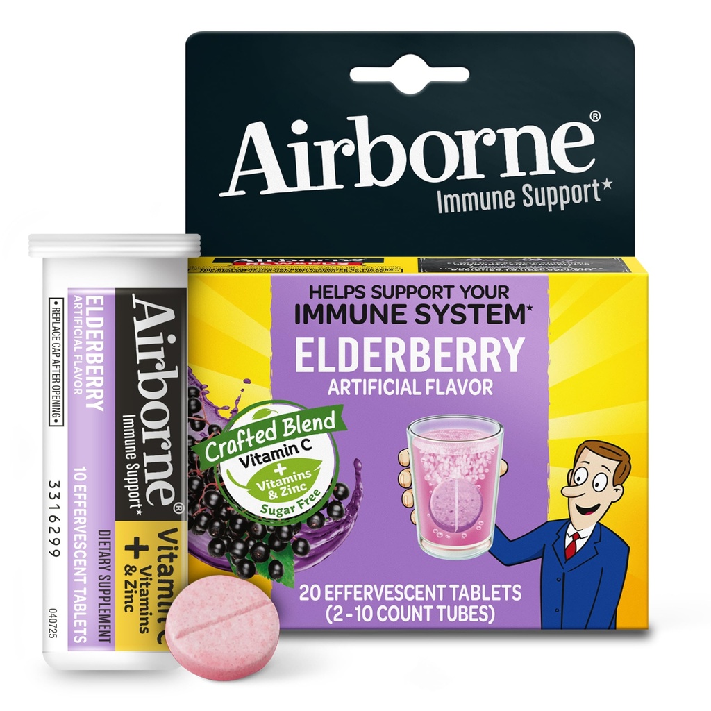 Airborne Elderberry Extract + Vitamin C 1000mg (per portion) - Effervescent tabletter (20 greve i en låda), Gluten-Free Immune Support Supplement, med vitaminer A C E, Zink, Selen, Sugar Free