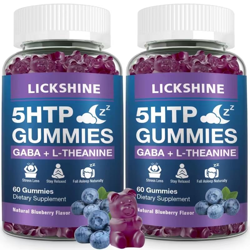 2 Pack 300MG 5-HTP GABA Sleep Supplement Gummies med 200mg L-Theanine Supplement för hjärna, humörstabilisator och sömnsupport, Melatonin-Free, Omega 3-6-9 för naturliga Zzzs, Blueberry Flavor