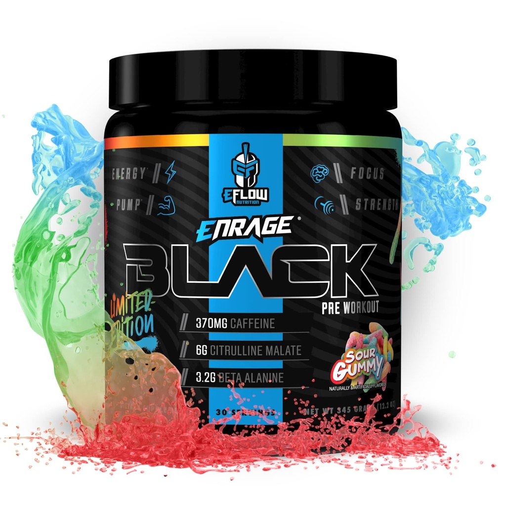 eFlow Nutrition Enrage Black High Stimulant Pre Workout Supplement - Preworkout Powder för att öka energi, pumpar och styrka - 4 smaker (30 portioner) (Sour Gummy)