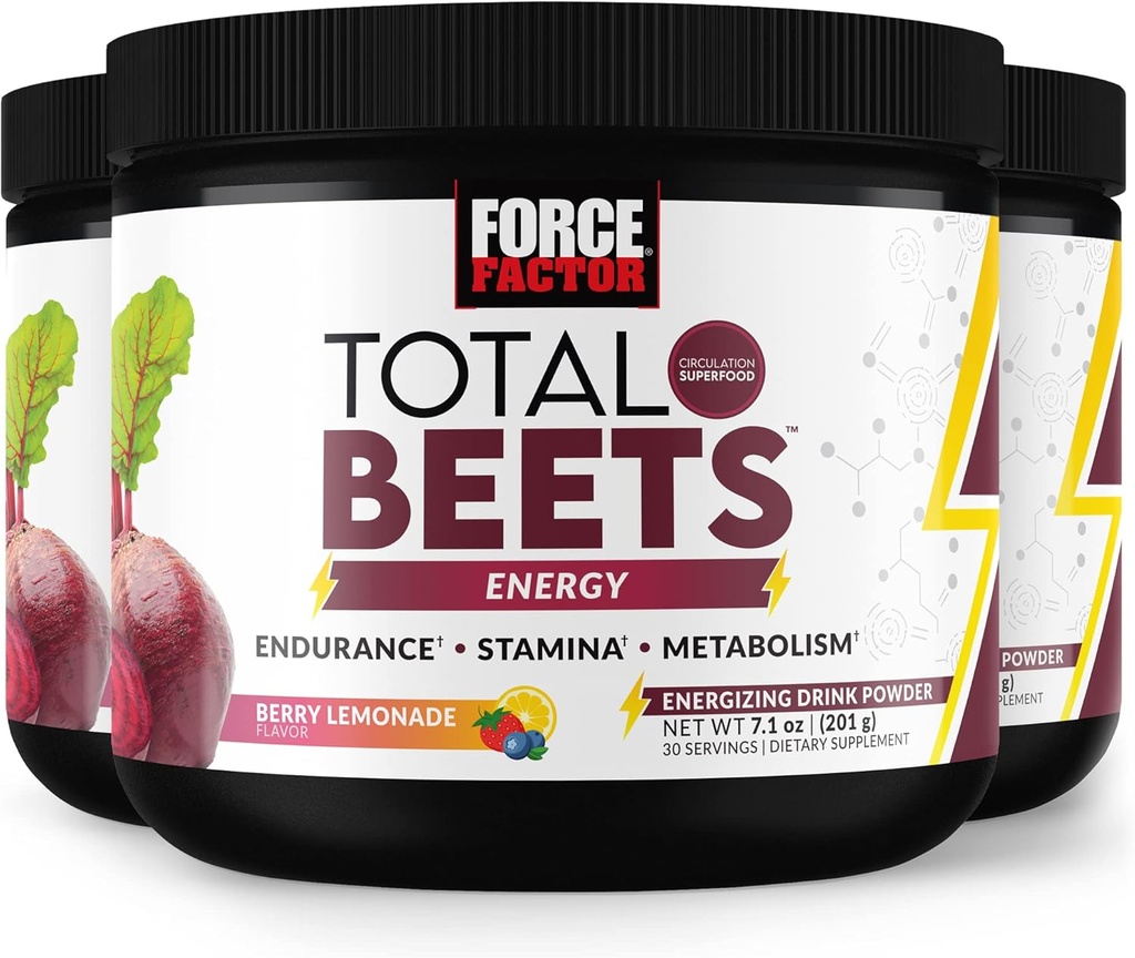 FORCE FACTOR Total Beets Energy Drink Mix 3-Pack, Superfood Beet Root Powder, Nitrater för att öka energi, stödcirkulation, blodflöde, kväveoxid och uthållighet, hjärthälsotillskott, 90 portioner