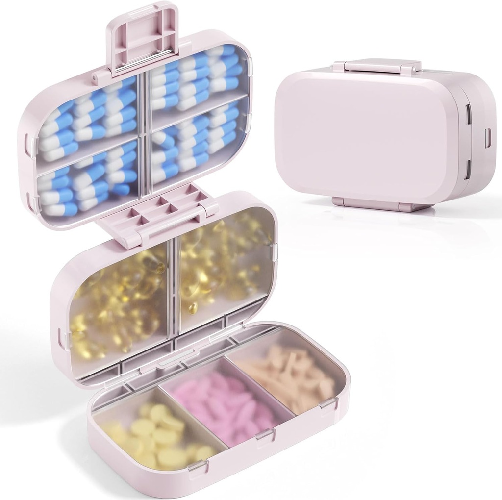 MEACOLIA Triple-Folding Pill Organizer, 9 Compartments Travel Pill Case med stor kapacitet, Daily Pill Box Small Pill Container för Vitamin, Cod Liver Oil, tillägg (Beige)