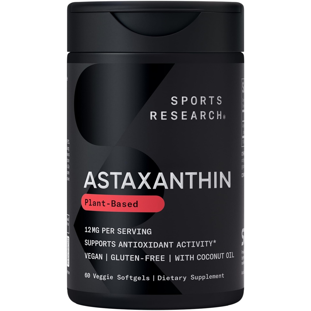 Sportforskning Triple Strength Vegan Astaxanthin Supplement från Algae - Växtbaserade Softgels för antioxidantaktivitet, hud och ögonhälsa - Icke-GMO Verifierad, Made with Coconut Oil - 12mg, 60 Count