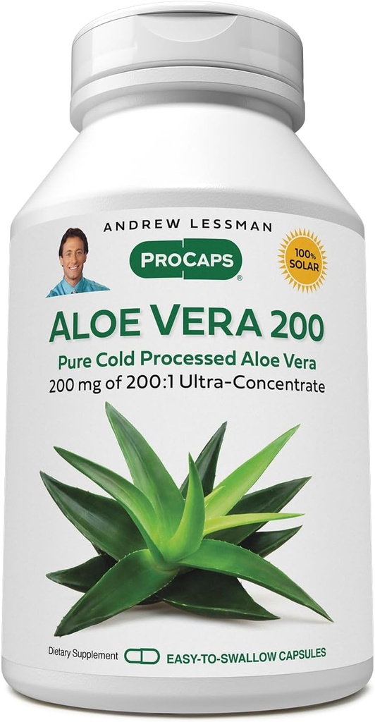 ANDREW LESSMAN Aloe Vera 200-360 kapslar - Ger 200:1 Ultra-Concentrate of Aloe Vera, lugnande stöd för mage och matsmältningssystem, inga tillsatser, liten lätt att svälja kapslar