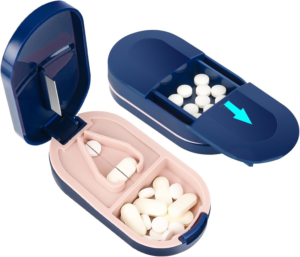 LEAFTOL Pill Cutter, Portable Pill Splitter 2-i-1 Pill Case med rostfritt stål Blade, för små eller stora vitaminer tabletter, skär piller med Mini Pill Organizer Compartment - Blue