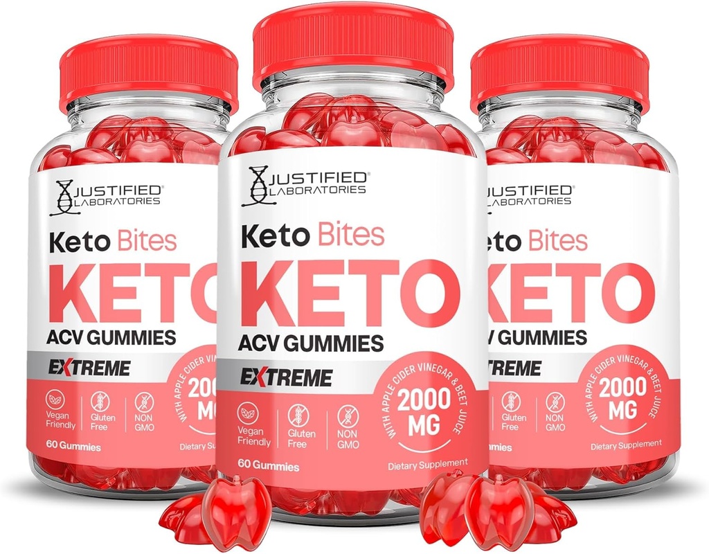Justified Laboratories (3 Pack Keto Bits Keto ACV Gummies Extreme 2000MG Keto Bites Keto Gummies Apple Cider Vinegar Formulerad med Pomegranate Beet Juice Powder B12 Vegan Non GMO 180 Gummys