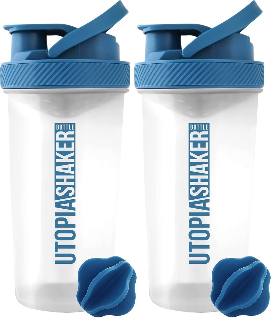 Utopia Home Protein Shaker Bottle - (Pack of 2) 28-Ounce Shaker flaskor för proteinblandningar - Fitness Sports Classic Protein Mixer Shaker Bottle (Clear / Navy)