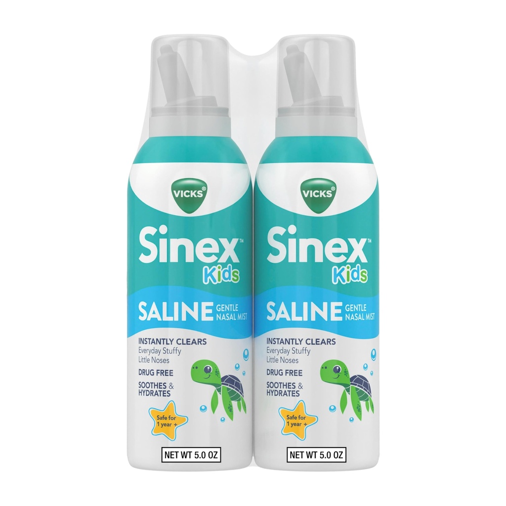 Vicks Sinex, Children's Saline Nasal Spray, Drug Free Ultra Fine Mist med Hint of Aloe, Ages 1+, Fast Everyday Stuffy Nose Relief for Kids, Clear Mucus från en kall eller allergi, 5 OZ x 2