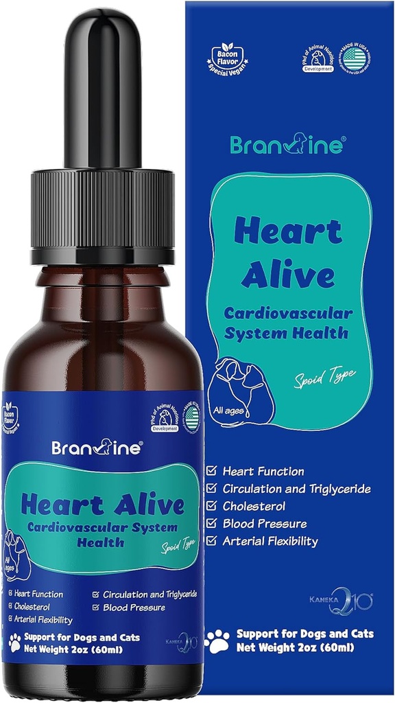 Heart Alive Liquid Cardiovascular System Health för hundar och katter-norska fiskolja, Coenzyme Q10, Vitamin K2, Policosanol, Hawthorn Berry Extract, Vegan Bacon Flavor (60ml)
