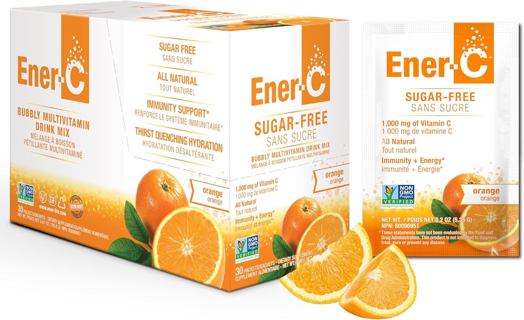 Ener-C Sugar Free Energy Orange Multivitamin Drink Mix Vitamin C 1000mg & Electrolytes - Natural Immunity Support with Real Fruit Juice Powders Non-GMO Vegan & Gluten Free - 30 Count